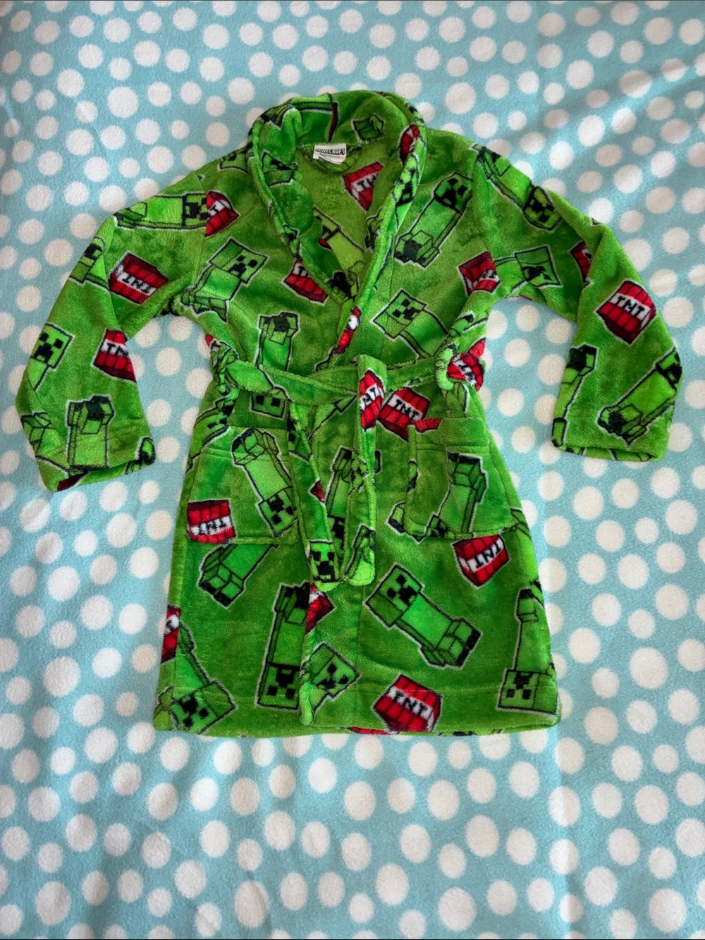 Kids' Green Creeper Print Plush Robe - Minecraft Style